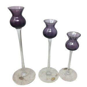 Vintage Set of 3 Tall Hand Blown Crystal Glass Purple/Clear Vases/candle holders